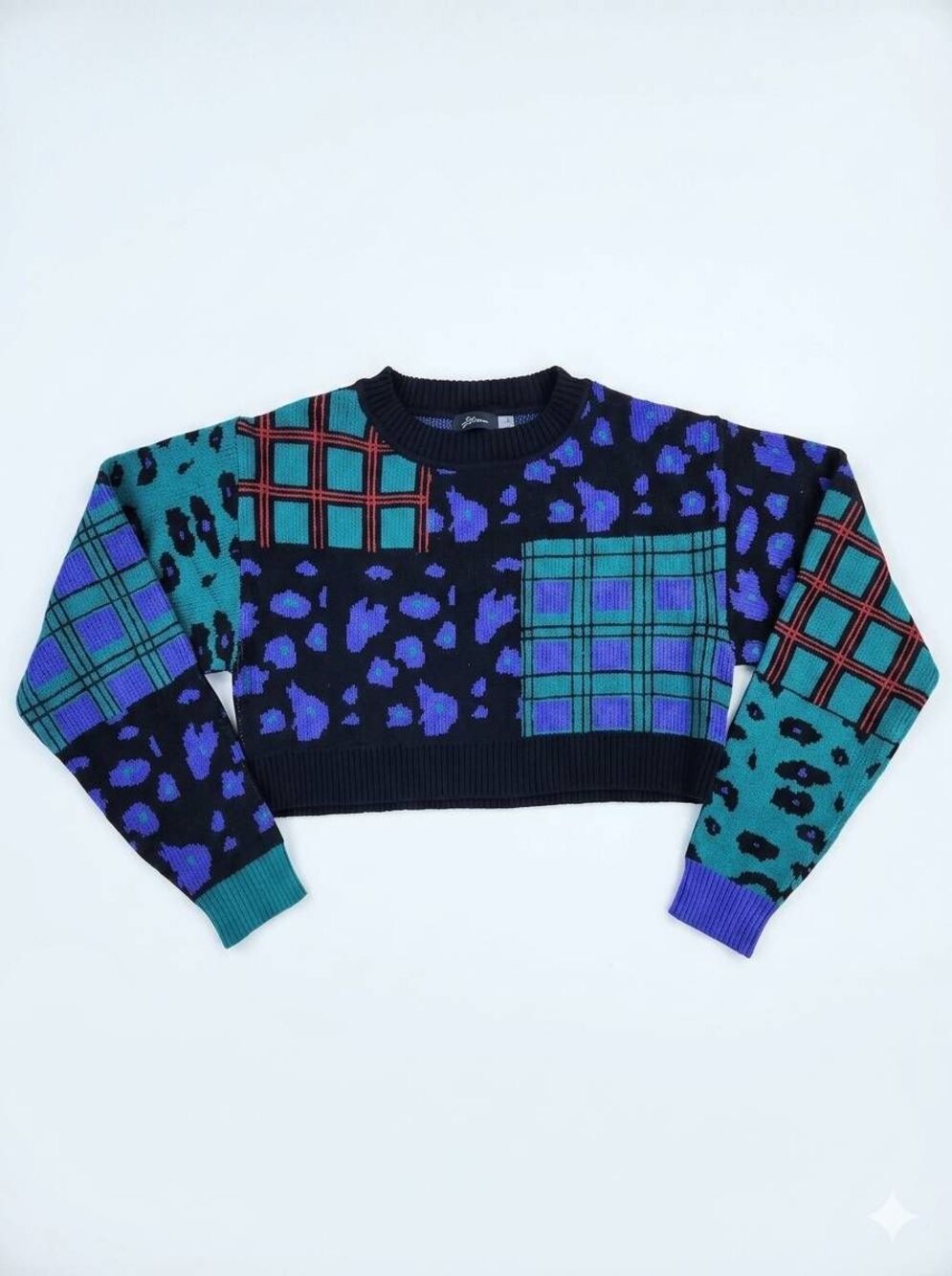 🔹️Vintage Black Multicolor Knit Cropped Long Sleeve Sweater XLarge